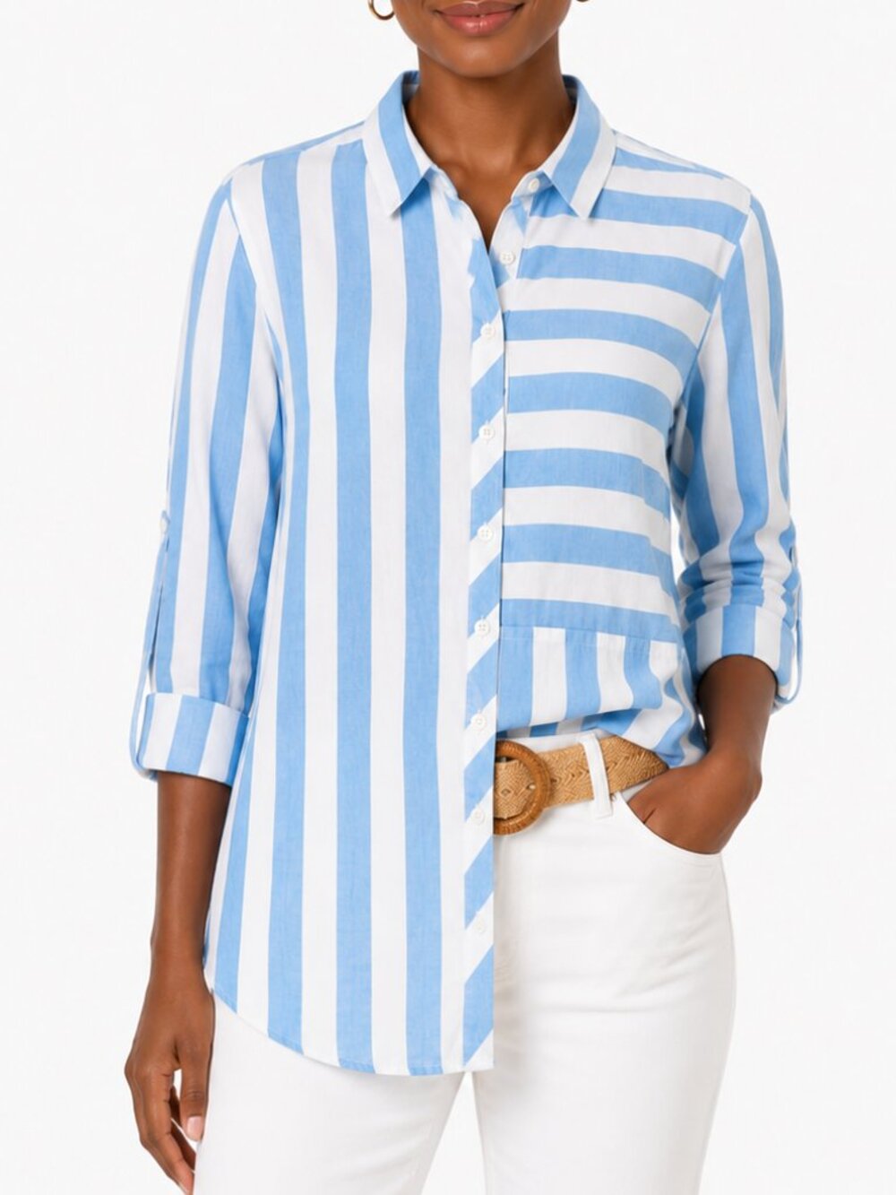 Blue & White Mixed Stripe Button-Down Shirt Size Large